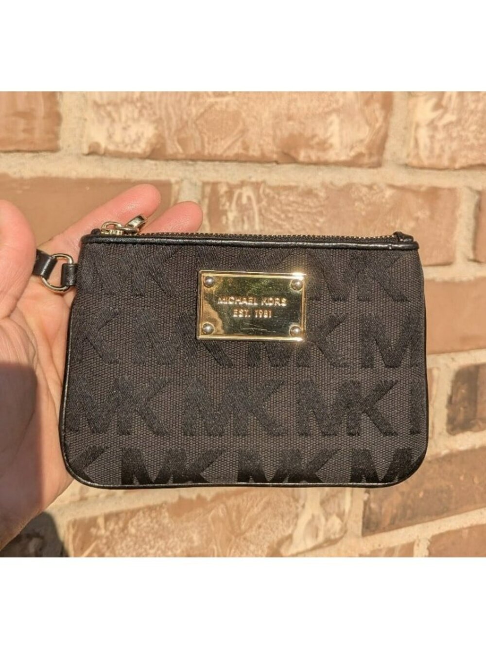 Michael Kors Signature Canvas & Leather Wallet Wristlet Black Gold 38F1CJSW1J